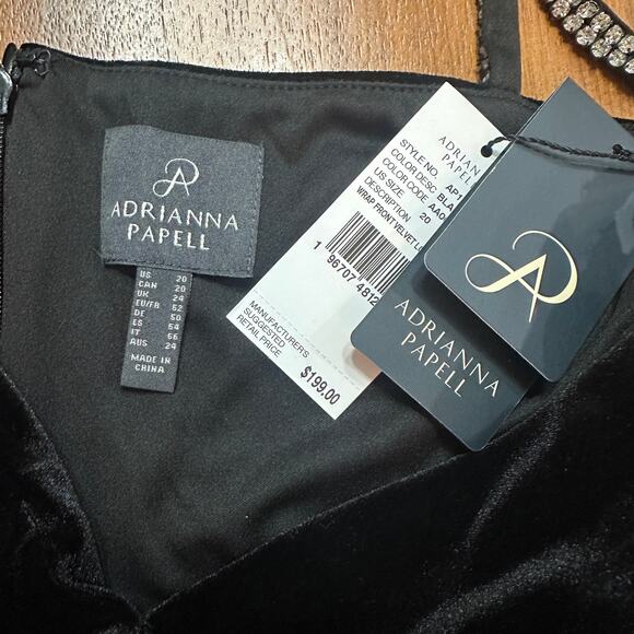 Adrianna Papell Black Velvet Wrap Gown, Rhinestone Straps, Size 20 NWT - Picture 11 of 11